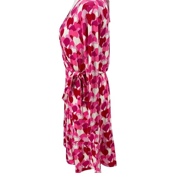 Draper James RSVP Pink Heart Print Wrap Dress Small Ruffle Hem Long Sleeve - Picture 4 of 16